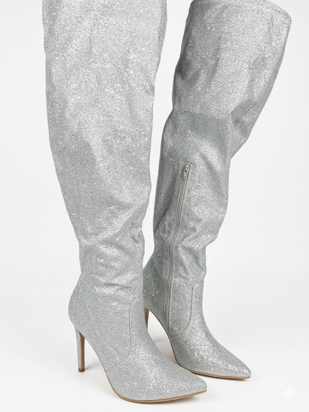 Silver Glitter Over-the-Knee Stiletto Boots